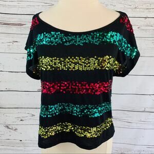 Almost Famous wide neck sequin top black soft Med.